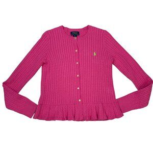 Polo Ralph Lauren Girls Cable Knit Cardigan Sweater Peplum Pink Long Sleeve